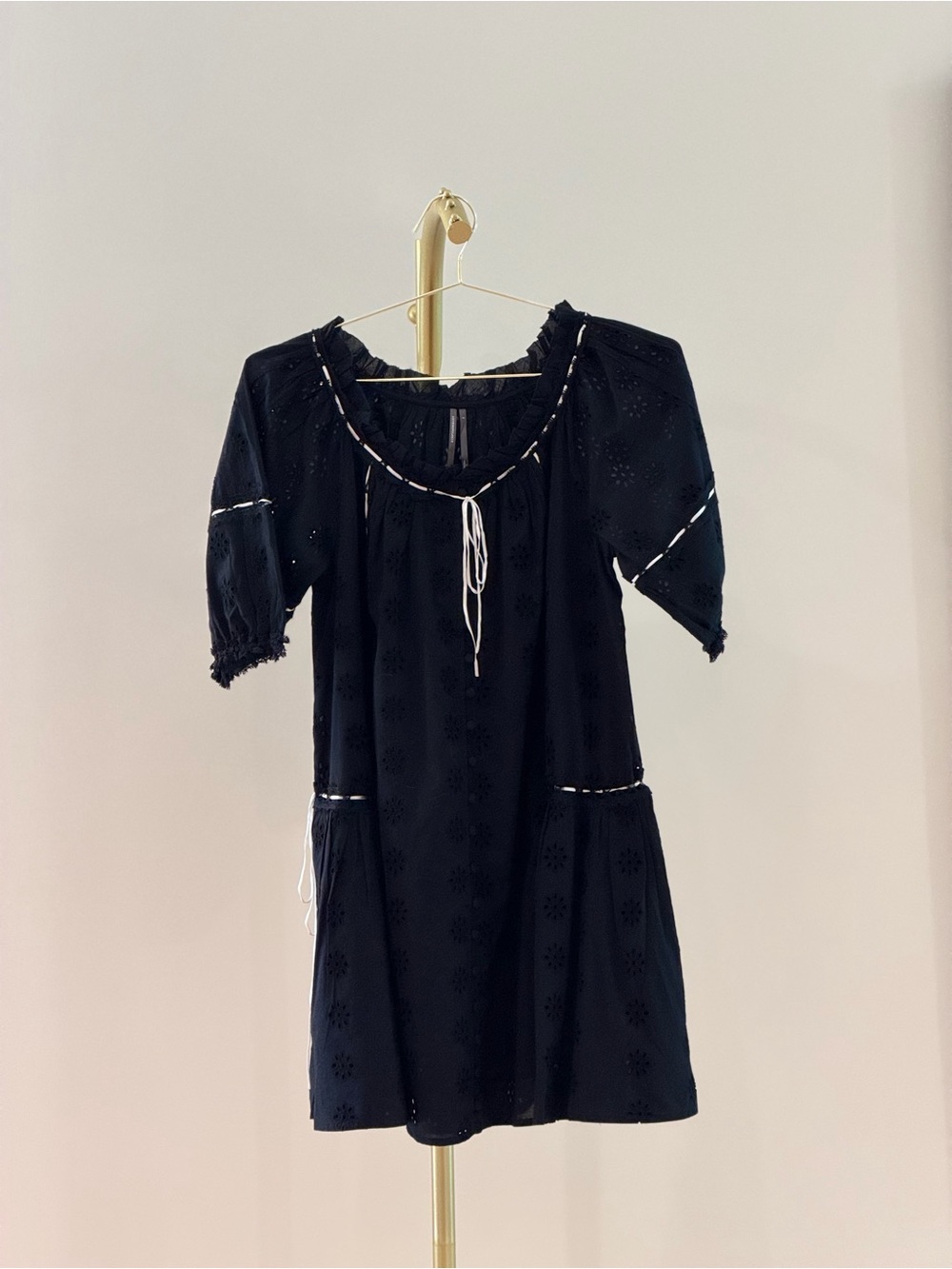 Anthropologie Black Eyelet Mini Dress with Contrast Trim